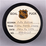 J.P. Parise’s Minnesota North Stars January 6th 1974 Goal Puck from the NHL Goal Puck Program - Season Goal #8 of 18 / Career Goal #124 of 238