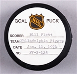 Bill Flett’s Philadelphia Flyers January 11th 1974 Goal Puck from the NHL Goal Puck Program - Season Goal #7 of 17 / Career Goal #145 of 202 - Game-Winning Goal - Assisted by Bobby Clarke
