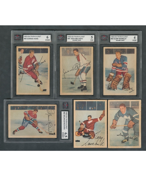 1953-54 Parkhurst Hockey Complete 100-Card Set Including KSA-Graded Cards #24 Richard (6.5 ENM+), #27 Beliveau RC (5 EX), #53 Worsley RC (4 VGE) and #50 Howe (6 ENM)
