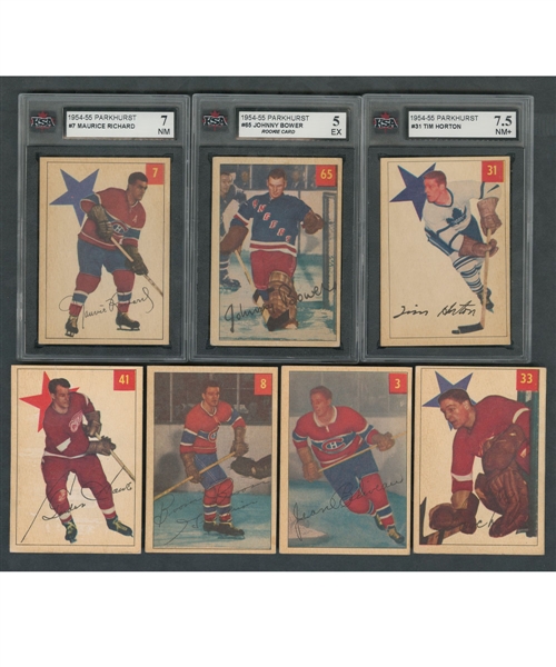 1954-55 Parkhurst Hockey Complete 100-Card Set Including KSA-Graded Cards #7 Richard (7 NM), #31 Horton (7.5 NM+) and #65 Bower RC (5 EX)