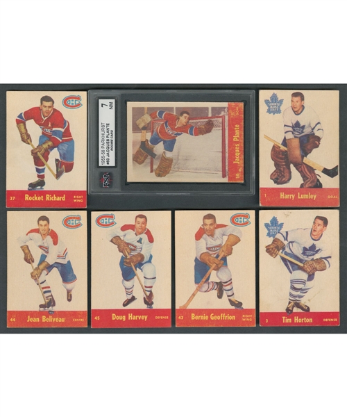 1955-56 Parkhurst Hockey Complete 79-Card Set Including KSA-Graded Cards #18 Duff RC (7 NM), #50 Plante RC (7 NM) and #59 Hainsworth (6 ENM)