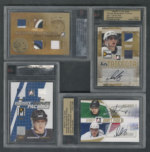 Alexander Ovechkin 2005/2011 ITG and Other Hockey Cards (6) Including 2005-06 ITG Complete Jersey Gold and ITG Complete Package Gold, 2006-07 Auto Trifecta Gold and 2008-09 Ultimate Draft Pick Gold