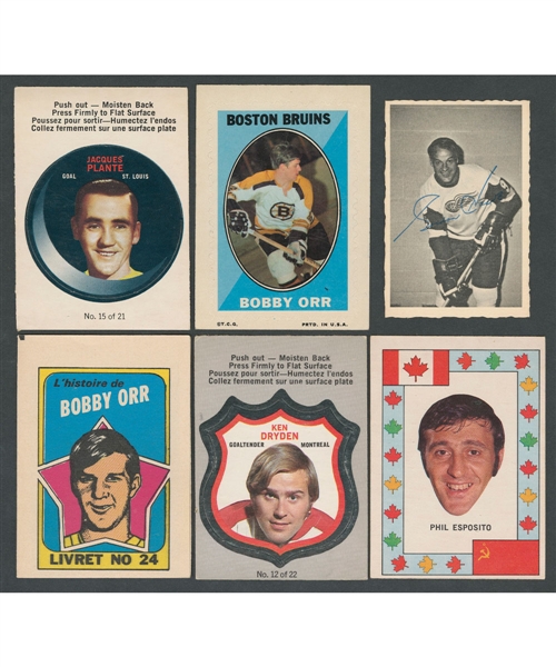 1968-69 to 1972-73 O-Pee-Chee Insert Sets and Nears Sets (8) Including 1968-69 Puck Stickers, 1970-71 Sticker Stamps, 1970-71 Deckle Edge, 1972-73 Players Crests and Others