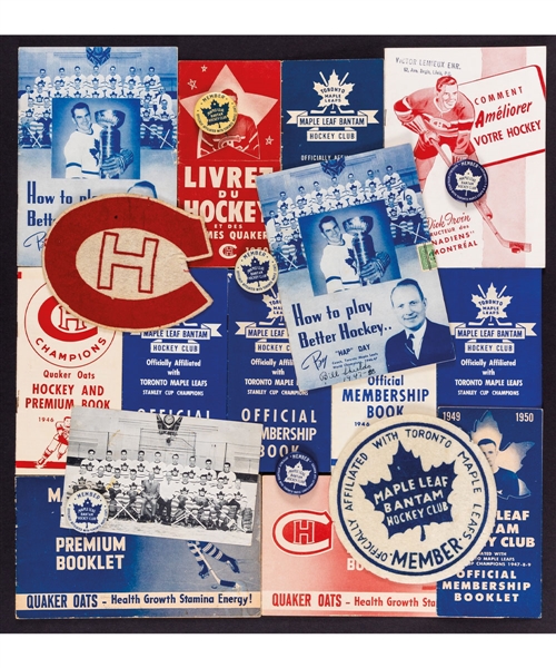 Toronto Maple Leafs and Montreal Canadiens Late-1940s Quaker Oats and Maple Leaf Bantam Club Collection of 35+ Including Premium Crests, Premium Booklets, Pins and Much More!
