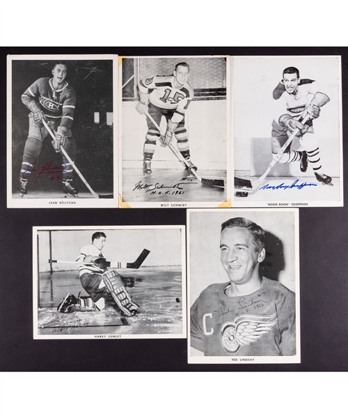 Blueline Magazine 1950s Premium Hockey Picture Collection of 35 with 24 Signed Including Geoffrion, Lindsay, Beliveau, Lumley, Schmidt, Gadsby, Bathgate and Others