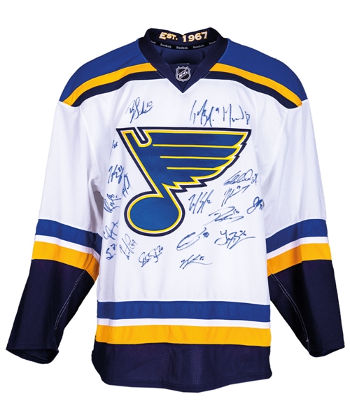 St. Louis Blues 2018-19 Stanley Cup Champions Team-Signed Jersey by 19 Donated For Charity Event by Larry Robinson