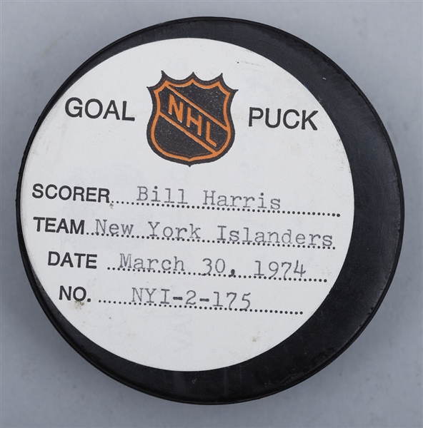 Bill Harris New York Islanders March 30th 1974 Goal Puck from the NHL Goal Puck Program - 20th Goal of Season / Career Goal #48 of 231
