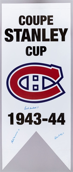 Montreal Canadiens 1943-44 Stanley Cup Banner Signed by Bouchard, Lach, and Fillion with LOA (20 ½” x 50”)