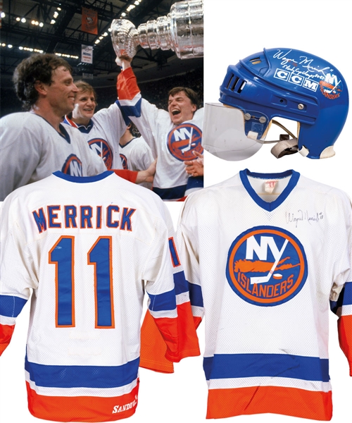 Wayne Merricks 1980-81 New York Islanders Signed Game-Worn Stanley Cup Finals Photo-Matched Jersey Plus Signed CCM Game-Worn Helmet
