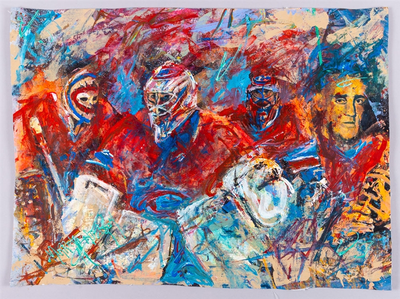 Attractive Montreal Canadiens “Iconic Goaltenders” Original Painting on Canvas by Renowned Artist Murray Henderson (16 ½” x 22 ½”) 