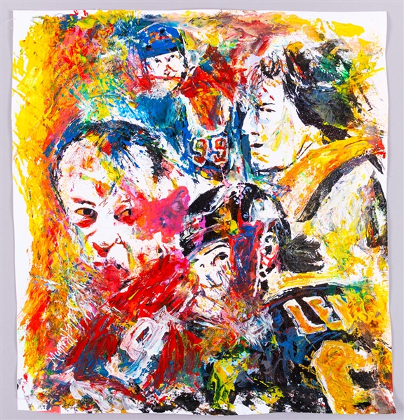 Appealing Gordie Howe, Bobby Orr, Wayne Gretzky and Mario Lemieux “The Iconic Four” Original Painting on Canvas by Renowned Artist Murray Henderson (19 ½” x 21 ½”) 