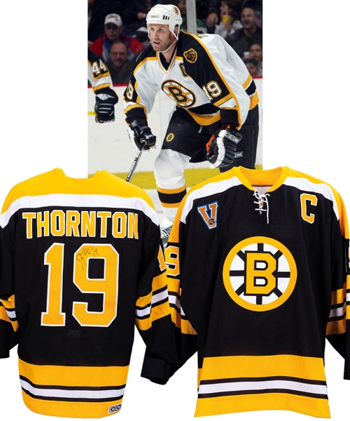 Joe Thorntons 2003-04 Boston Bruins "Vintage" Signed Game-Worn Captains Jersey Originally from Johnny Bucyk Personal Collection with His Signed LOA