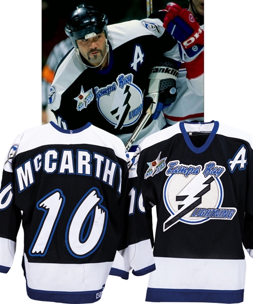 Sandy McCarthys 1998-99 Tampa Bay Lightning Game-Worn Alternate Captains Jersey with Team LOA - All-Star Game Patch! - Photo-Matched!