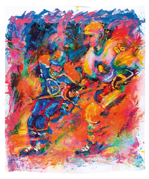 Appealing Wayne Gretzky Edmonton Oilers and Mario Lemieux Pittsburgh Penguins “The Legends Battle” Original Painting on Canvas by Renowned Artist Murray Henderson (23” x 27”) 