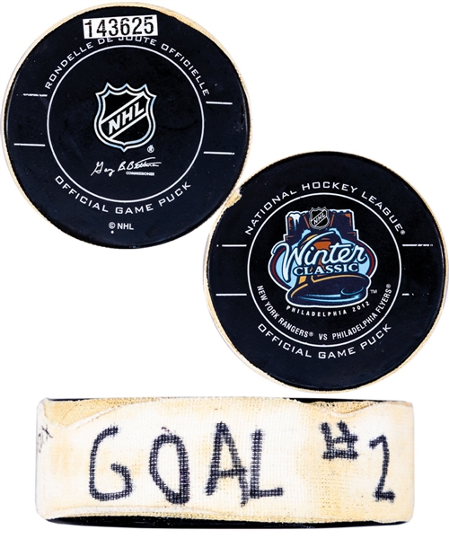 Claude Girouxs 2012 NHL Winter Classic Philadelphia Flyers Goal Puck with LOA (Assisted by Talbot and Hartnell) - 18th Goal of Season / Career Goal #68