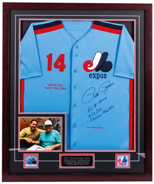 Pete Rose Signed Montreal Expos Limited-Edition Framed Jersey #203/500 with Annotation "Hit #4000, 4/13/84, Charlie Hustle" Plus Andre Dawson Signed Photo Framed Montage