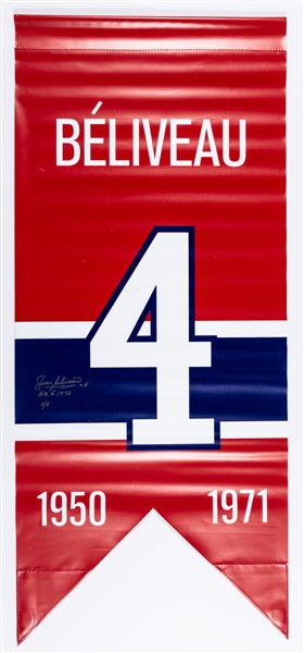 Jean Beliveau Signed Montreal Canadiens Jersey Retirement Limited-Edition Banner 2/4 with His Signed LOA Plus Signed Montreal Canadiens Framed Displays (4)