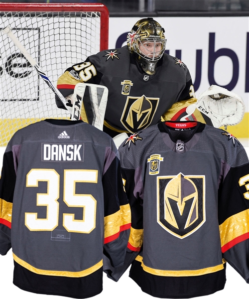 Oscar Dansks 2017-18 Vegas Golden Knights Inaugural Season Game-Worn Jersey with LOA - Inaugural Season and NHL Centennial Patches! - Worn in His NHL Debut & First NHL Win Game!