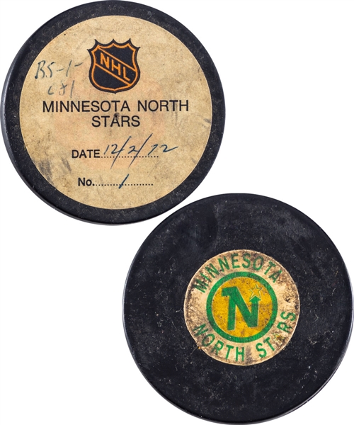 Rene Robert Buffalo Sabres December 2nd 1972 Goal Puck from the NHL Goal Puck Program with LOA - 13th Goal of Season / Career Goal #26 - First Goal of Hat Trick