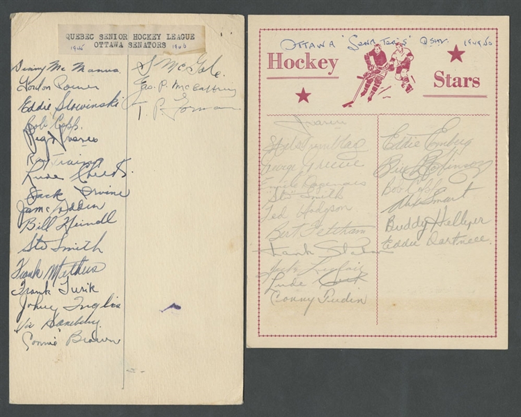 QSHL Ottawa Senators Autograph Collection Including 1945-46 to 1953-54 Team-Signed Sheets (4) from the E. Robert Hamlyn Collection Including Deceased HOFers TP Gorman and Turk Broda