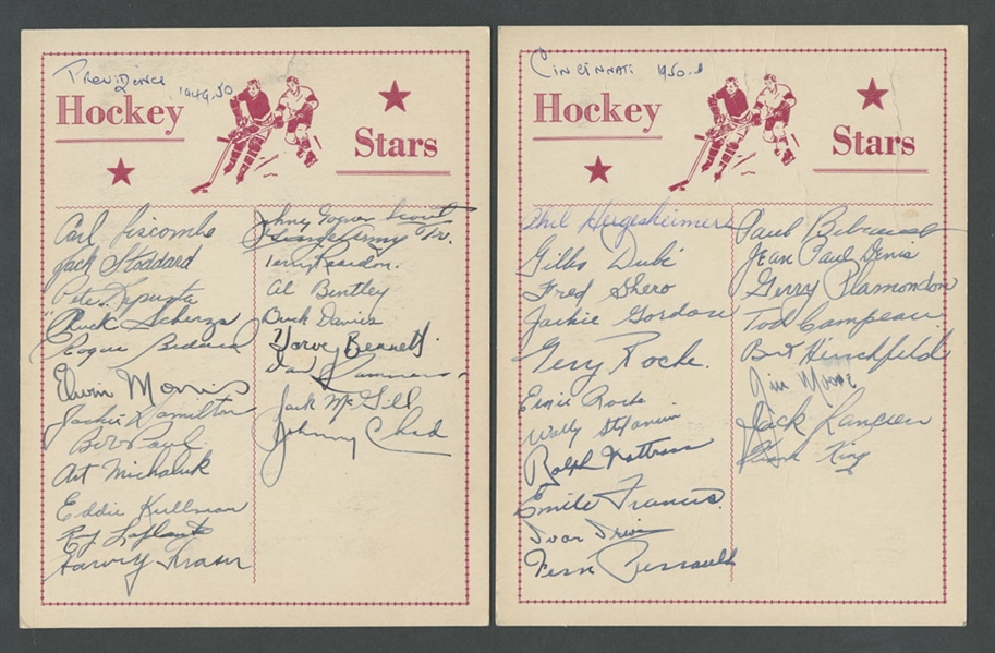 AHL Providence Reds, Cleveland Barons and Cincinnati Mohawks 1949-51 Team-Signed Sheets (3) from the E. Robert Hamlyn Collection Featuring Deceased HOFers Bun Cook, Johnny Bower and Fred Shero
