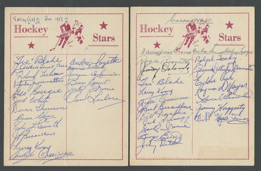 QSHL Valleyfield Braves 1949-55 Team-Signed Sheet and Program Collection of 3 from the E. Robert Hamlyn Collection Featuring Deceased HOFer Toe Blake