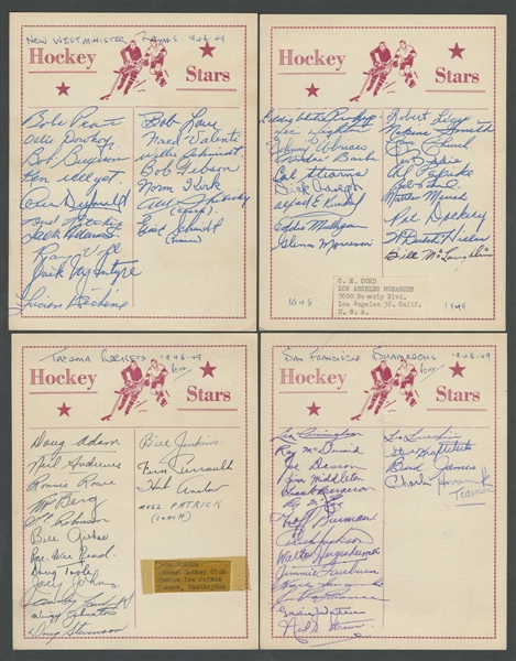 PCHL New Westminster Royals, Los Angeles Monarchs, Tacoma Rockets and San Francisco Shamrocks 1948-49 Team-Signed Sheets (4) from the E. Robert Hamlyn Collection Featuring Deceased HOFer Babe Pratt