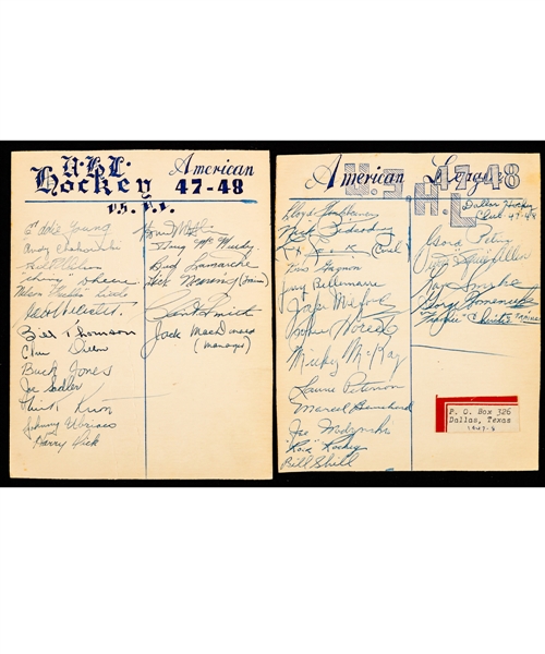 USHL 1947-48 Tulsa Oilers (Clint Smith), Kansas City Pla-Mors (Bert Olmstead), Rangers (Jack Butterfield), Texans (Jake Milford) and Huskies Team-Signed Sheets (5) from the E. Robert Hamlyn Collection