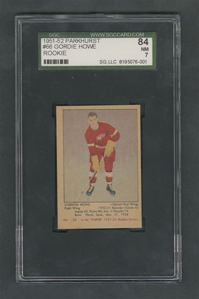 1951-52 Parkhurst Hockey Card #66 HOFer Gordie Howe RC - Graded SGC NM 7