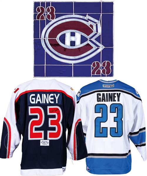 Bob Gainey’s Memorabilia Collection Including Signed Jerseys (2) and Montreal Canadiens Stained Glass Window Panel from His Personal Collection with His Signed LOA