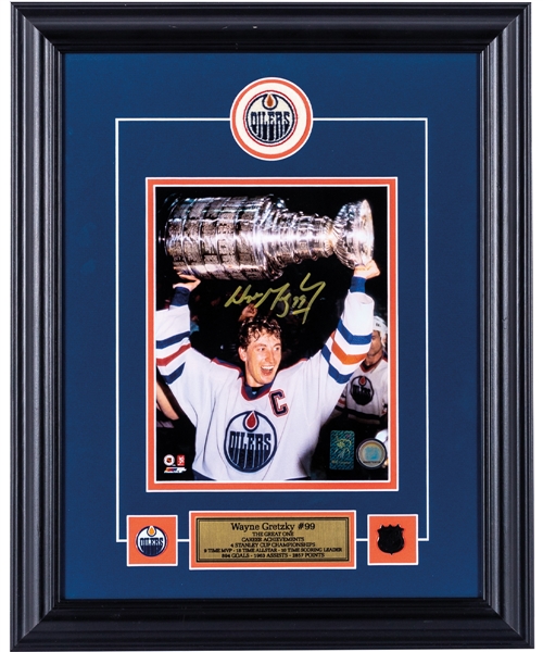Wayne Gretzky Signed Edmonton Oilers Framed "Hoisting the Cup" Photo Display with WGA COA (17” x 21”) 