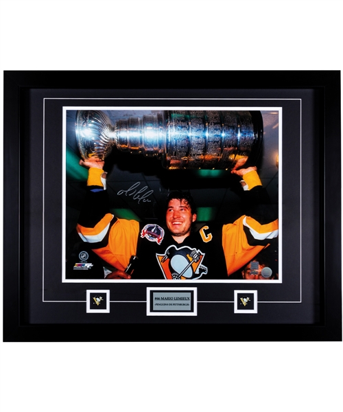 Mario Lemieux Signed Pittsburgh Penguins Framed Stanley Cup Photo Display with Steiner COA (25” x 31”) 