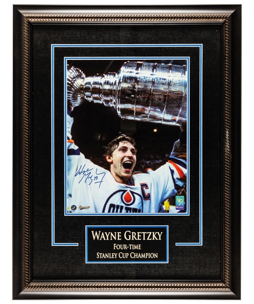 Wayne Gretzky Signed Edmonton Oilers Framed "Four-Time Stanley Cup Champion" Photo Display – From WGA (20 ¼” x 26 ¼”)