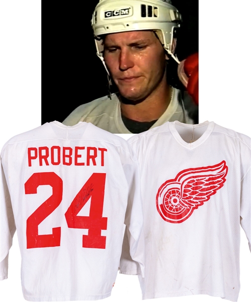 Bob Proberts Early-1990s Detroit Red Wings Signed Training Camp/Practice Worn Jersey with Photo Evidence
