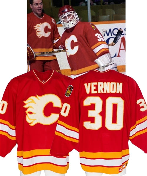Mike Vernons 1989-90 Calgary Flames Game Jersey - 10th Anniversary Patch!