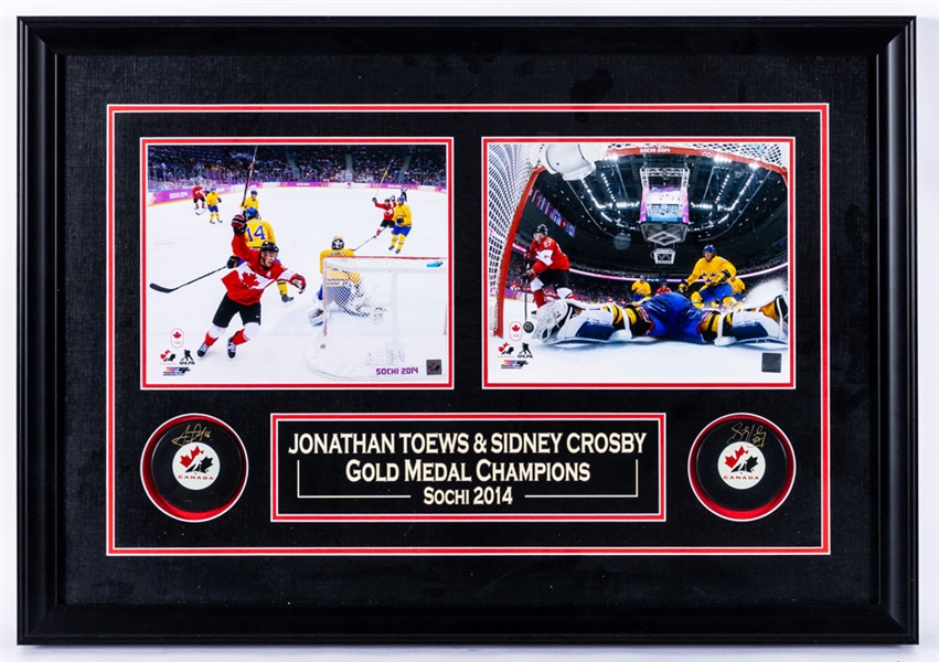 Sidney Crosby and Jonathan Toews Signed Team Canada 2014 Sochi Olympics Puck and Photo Display with Frameworth COA (20 ½” x 28 ¾”) 