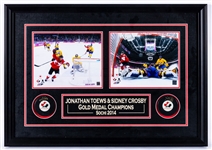 Sidney Crosby and Jonathan Toews Signed Team Canada 2014 Sochi Olympics Puck and Photo Display with Frameworth COA (20 ½” x 28 ¾”) 