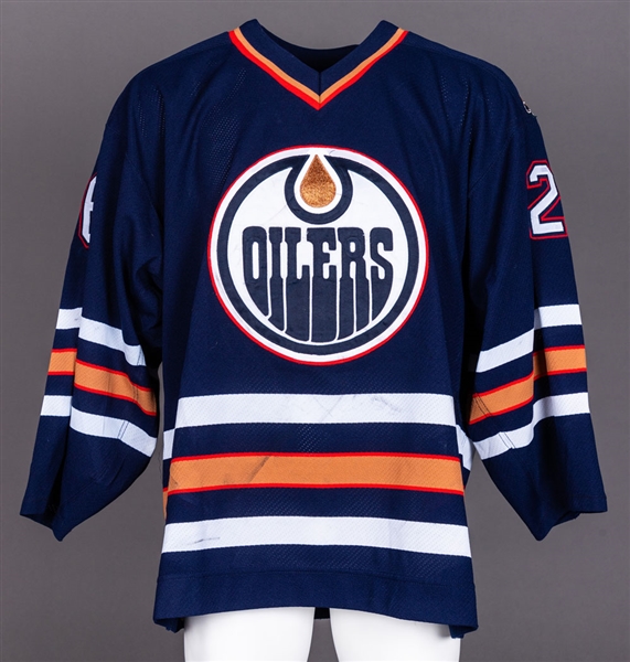 Todd Marchants 1996-97 Edmonton Oilers Game-Worn Jersey with Team LOA – Team Repairs! 