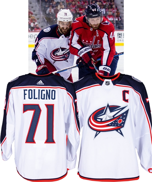 Nick Folignos 2017-18 Columbus Blue Jackets Game-Worn Captain’s Jersey with Team LOA – NHL Centennial Patch – Photo-Matched! 
