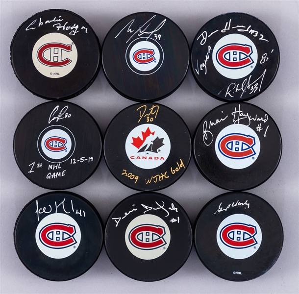 Montreal Canadiens Great Goalies Signed Puck Collection of 9 Including Hodge and Worsley with LOA