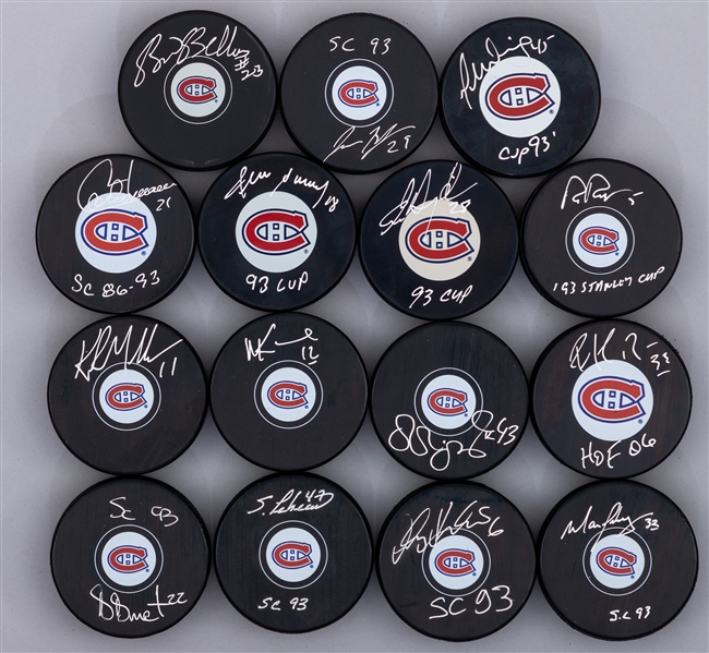 Montreal Canadiens 1993 Stanley Cup Champions Signed Puck Collection of 15 Including Roy, Carbonneau, Savard and Muller with LOA