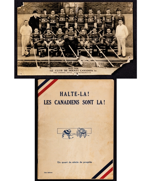 Rare 1936 “Halte-La! Les Canadiens Sont La!” 1st Edition Montreal Canadiens 25th Anniversary Booklet + 1933-34 Montreal Canadiens Real Photo Postcard 
