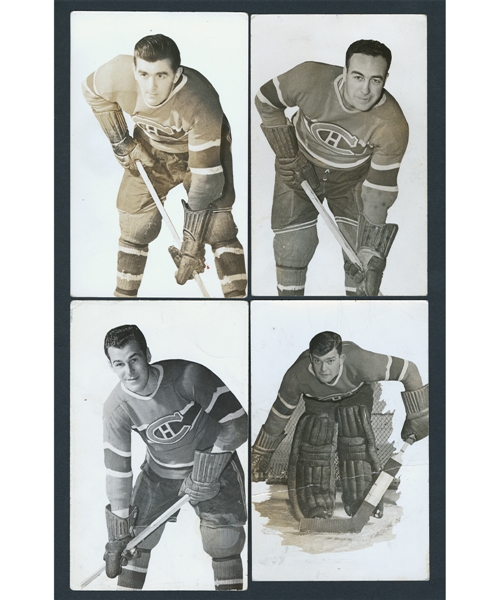 Montreal Canadiens Circa 1947-48 Real Photo Postcard Collection of 9 including HOFers Durnan, Blake, O’Connor, Reardon, Lach, Bouchard and the Rocket 