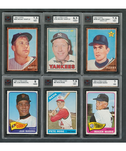 1962-67 O-Pee-Chee/Topps KSA-Graded Baseball Card Collection of 25 Including 1962 Topps #200 Mantle, 1967 OPC #150 Mantle, 1965 OPC #155 Maris and 1966 OPC #30 Rose Plus 1990 Topps Cards (9)