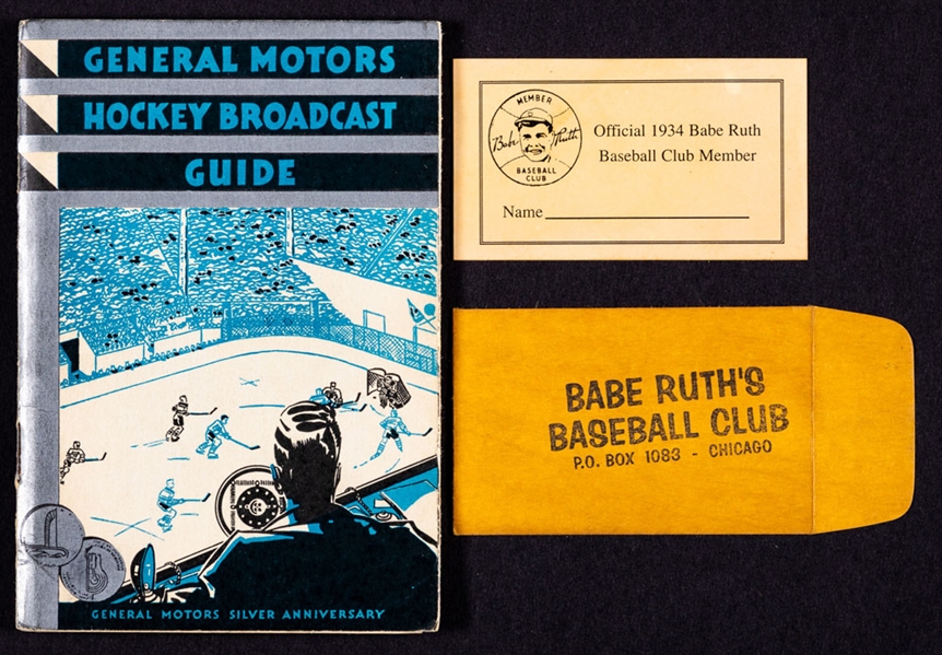 Babe Ruth 1934 Quaker Oats Baseball Club Member Card and Envelope Plus 1933-34 General Motors Hockey Guide with Hockey Schedule