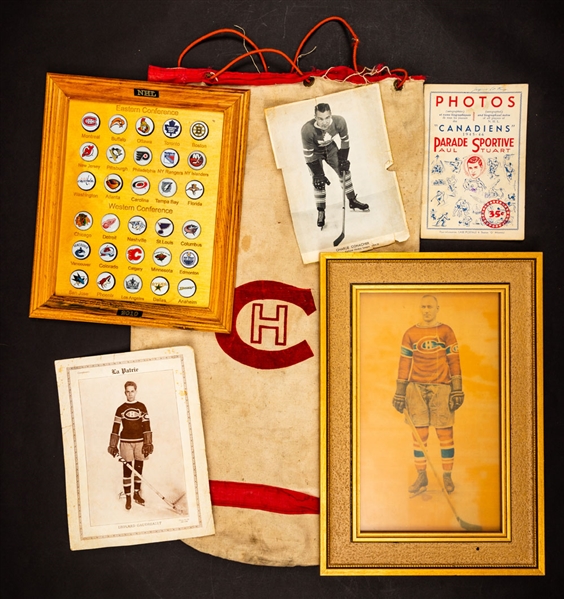 Vintage Montreal Canadiens Canvas Equipment Bag, 1945-46 Canadiens Parade Sportive Album, 2000s McDonalds Pucks, Trophies, Mini-Jerseys and Much More!