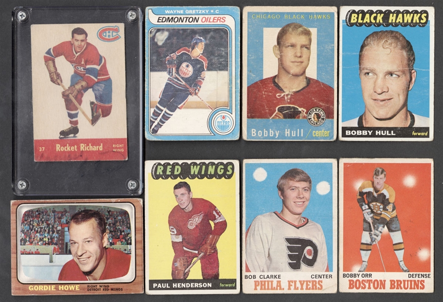 1950s to 1980s Hockey Card Collection of 240+ Including 1955-56 Parkhurst #37 Maurice Richard, 1958-59 Topps #47 Bobby Hull and 1979-80 O-Pee-Chee #18 Wayne Gretzky RC