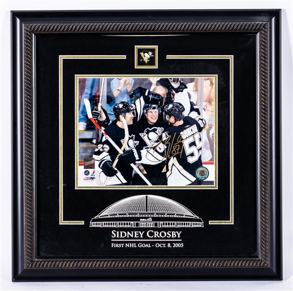 Sidney Crosby Pittsburgh Penguins Signed First NHL Goal Framed Photo Display Plus Mario Lemieux Signed Koho Revolution Stick with COAs