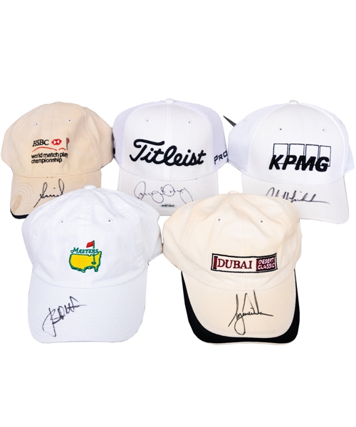 Signed Golf Cap Collection of 5 Including Tiger Woods, Rory McIlroy and Phil Mickelson with JSA/UDA LOAs/COAs