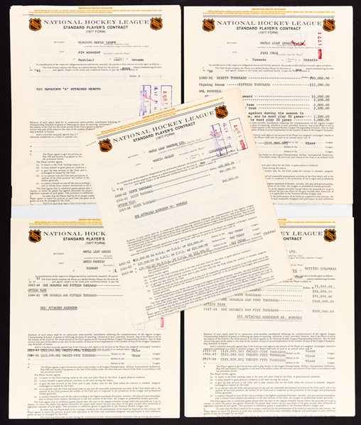 Toronto Maple Leafs 1980s Official NHL Contracts (5) of Courtnall, Benning, Crha, Farrish and Maglay Including Signatures of Deceased HOFer Punch Imlach (3)